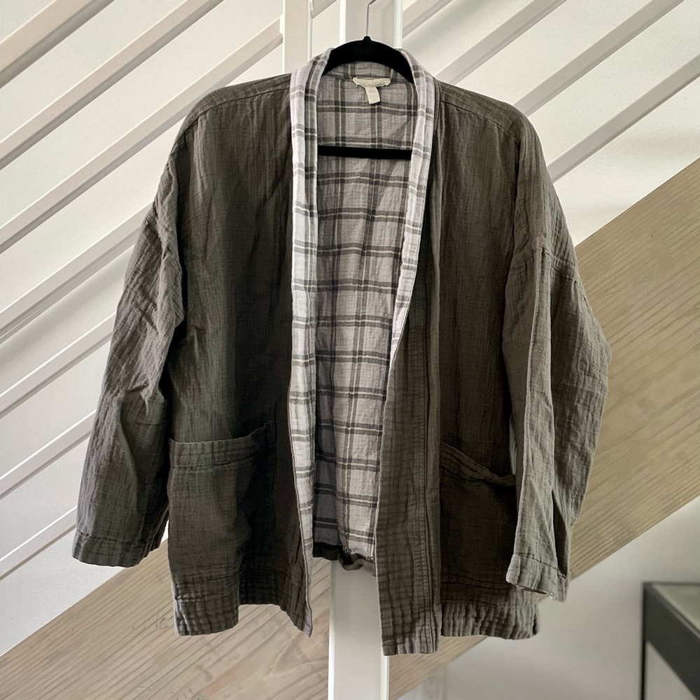 Eileen Fisher Cotton Kimono Green Plaid Large